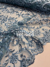 Tule Bordado Pedraria Arabesc Azul Jeans
