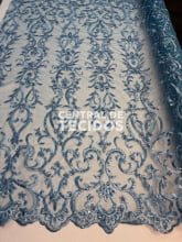 Tule Bordado Pedraria Arabesc Azul Jeans