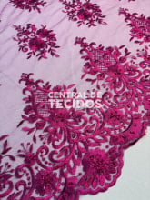 Tule Bordado Pedraria Rosa Fúcsia
