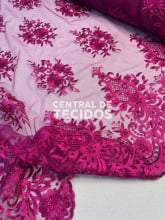 Tule Bordado Pedraria Rosa Fúcsia