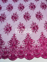 Tule Bordado Pedraria Rosa Fúcsia