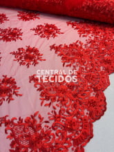 Tule Bordado Pedraria Vemelho