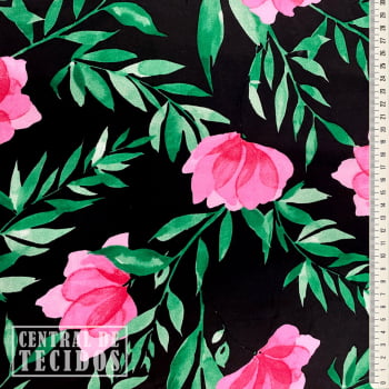 Popeline de Viscose | Floral rosa médio fundo Preto