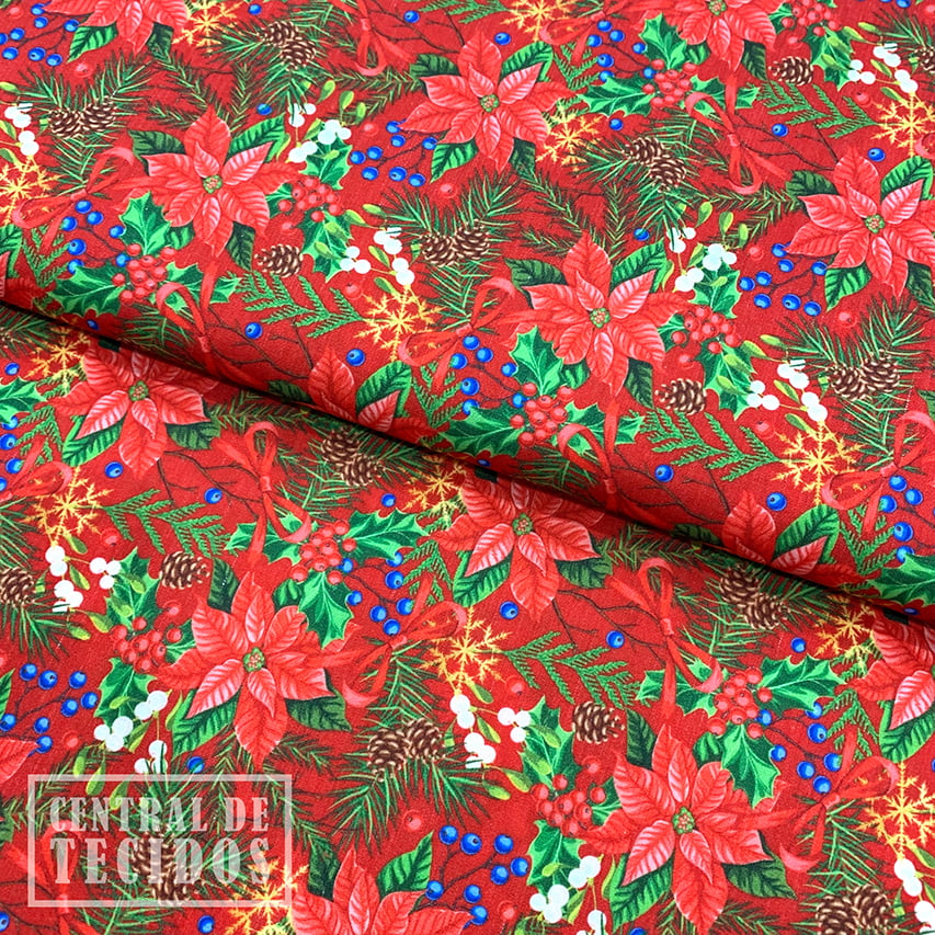 Tricoline Digital | Natal Floral Vermelho