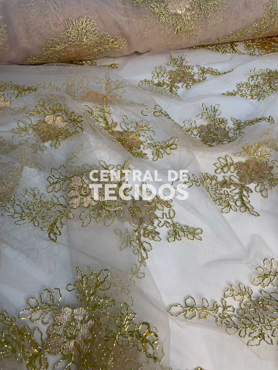 Tule Bordado Branco com Dourado