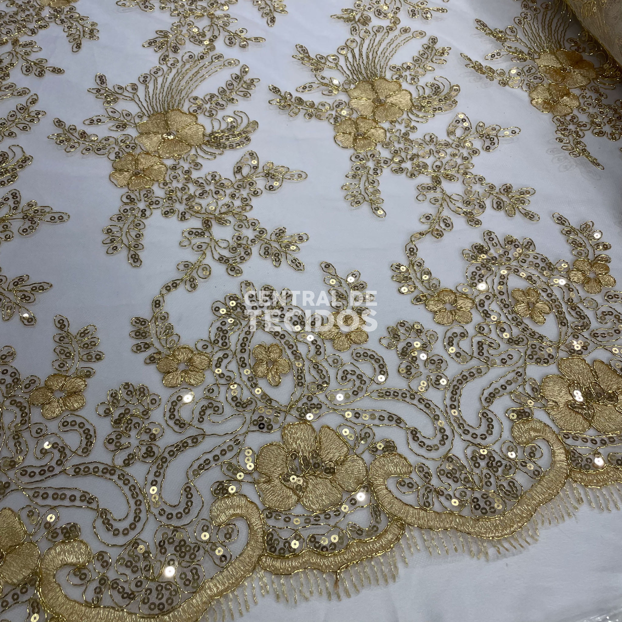 Tule Bordado Metalic Soho Branco com Dourado