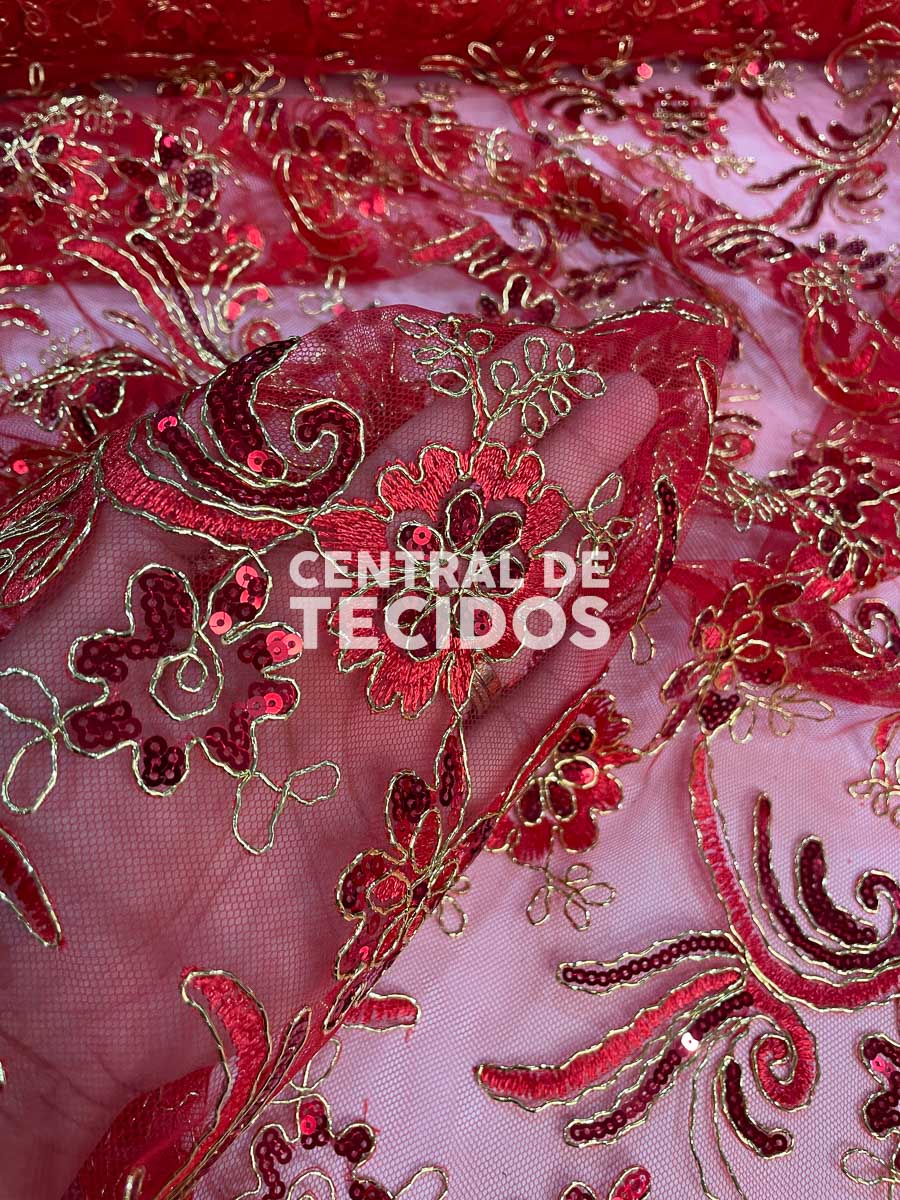 Tule Bordado Metálico GODESS 668 Vermelho com Dourado