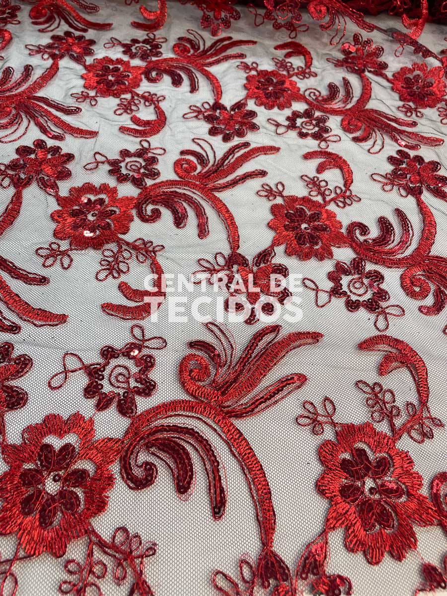 Tule Bordado Metálico GODESS Vermelho com Preto