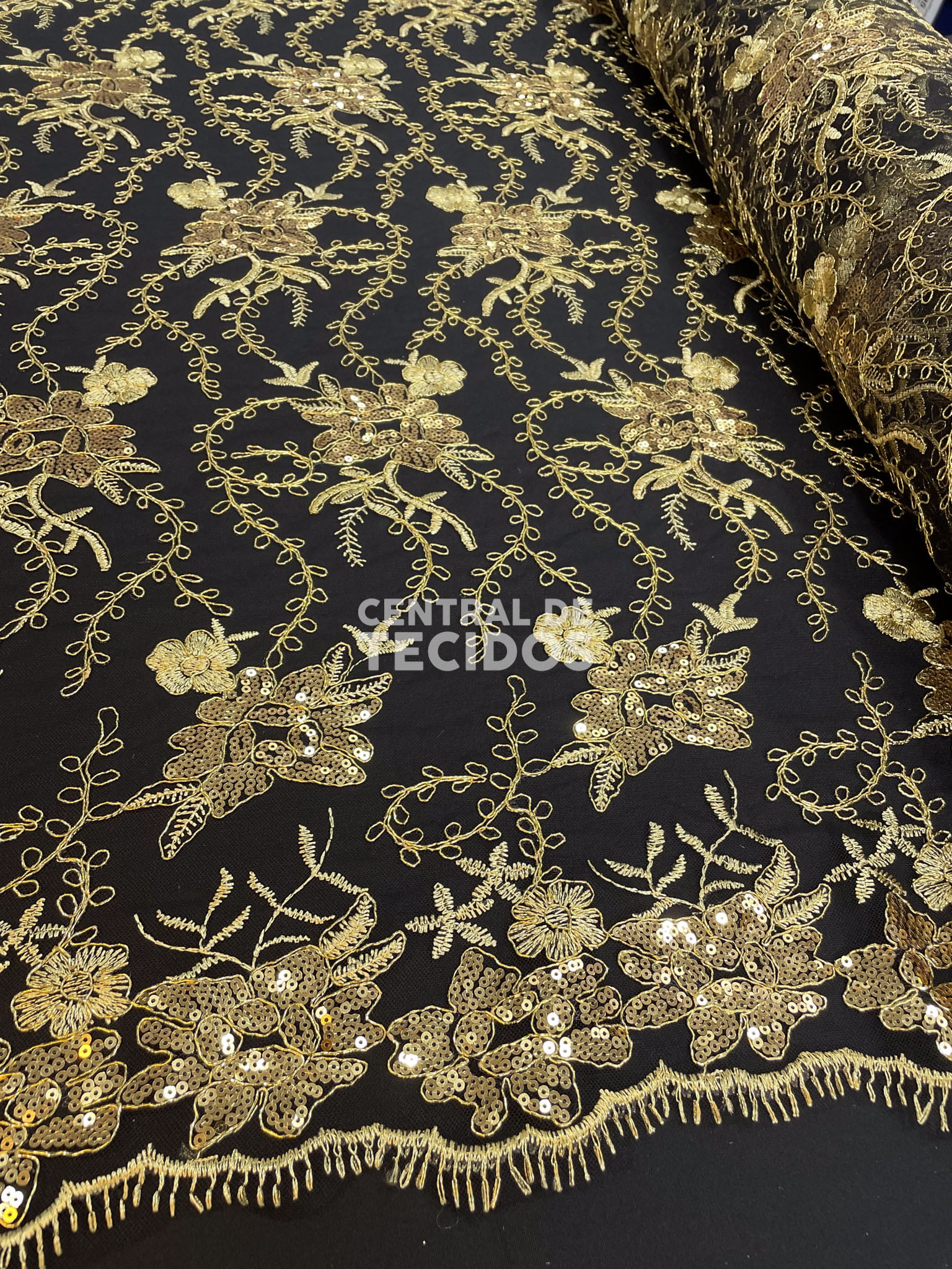 Tule Bordado Metalic Soho Preto com Dourado