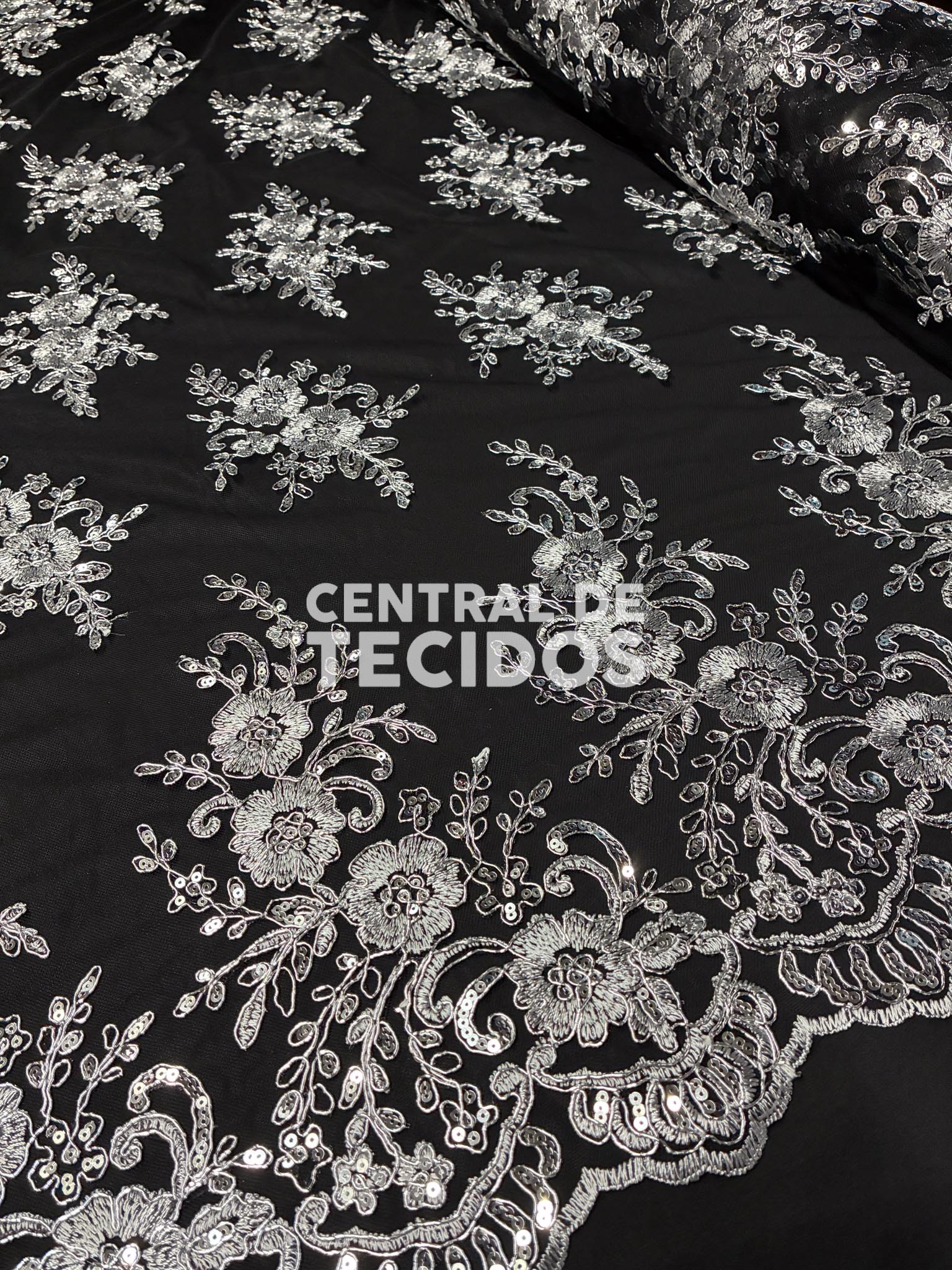 Tule Bordado Metálico Soho Preto com Prata 252