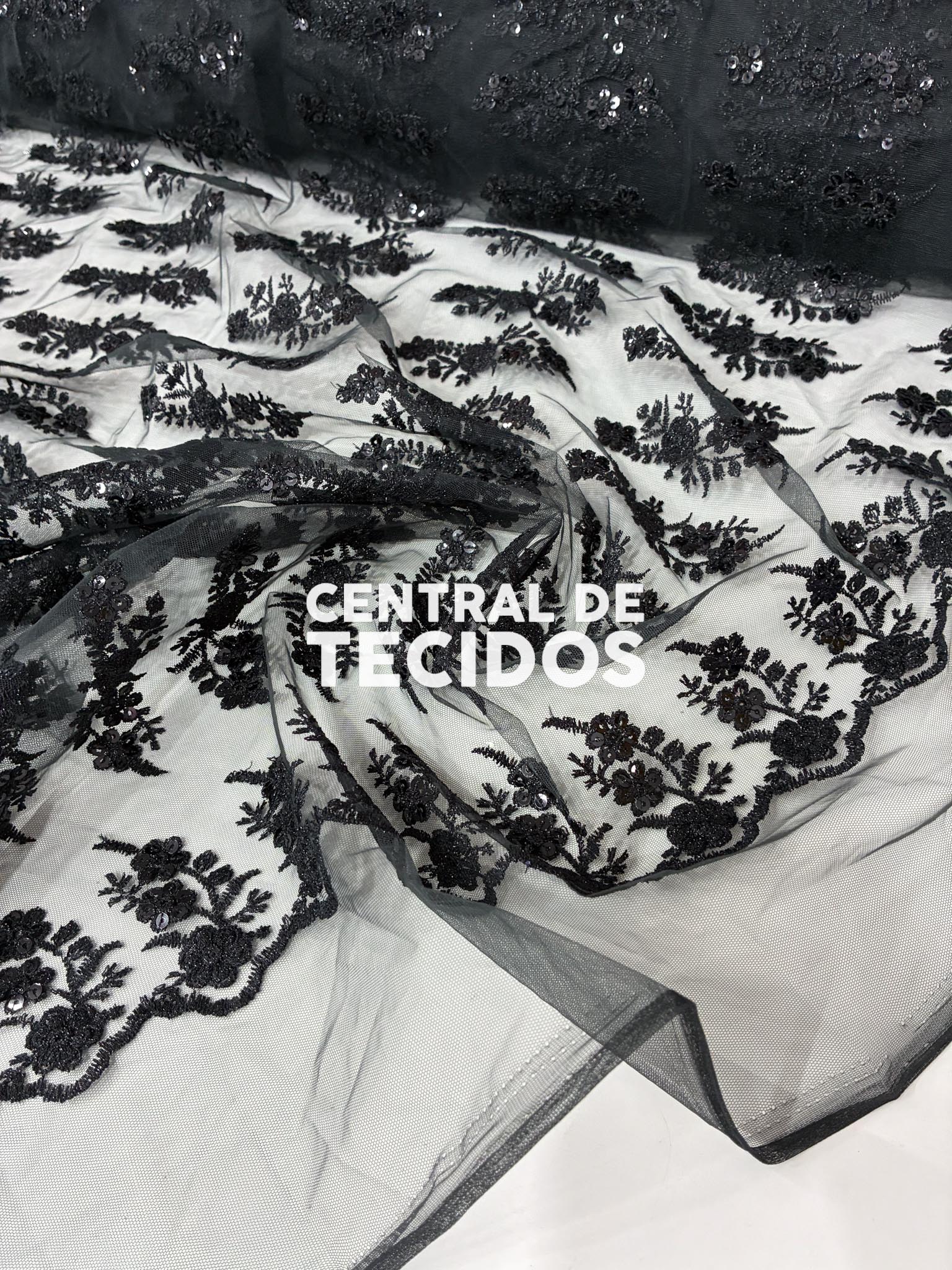 Tule Bordado Paetê GODESS 554 Preto