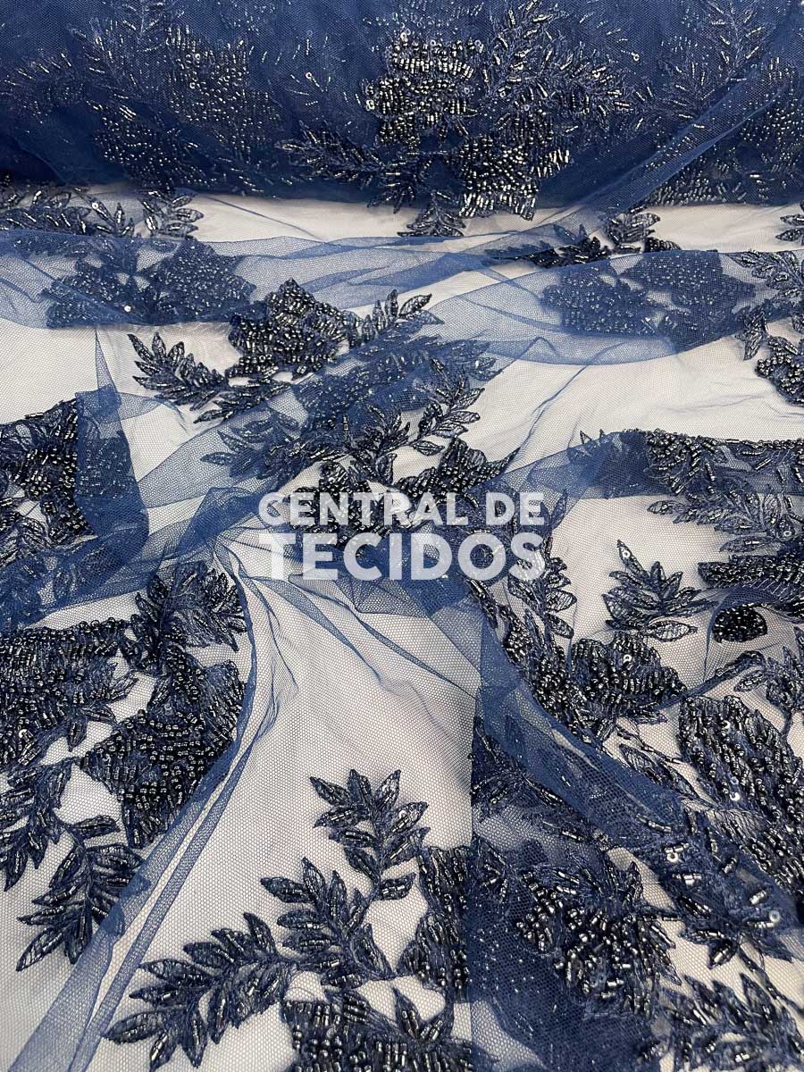 Tule Bordado Pedraria Azul Marinho