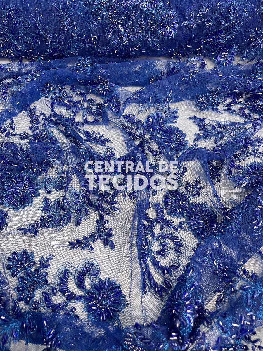 Tule Bordado Pedraria Azul Royal
