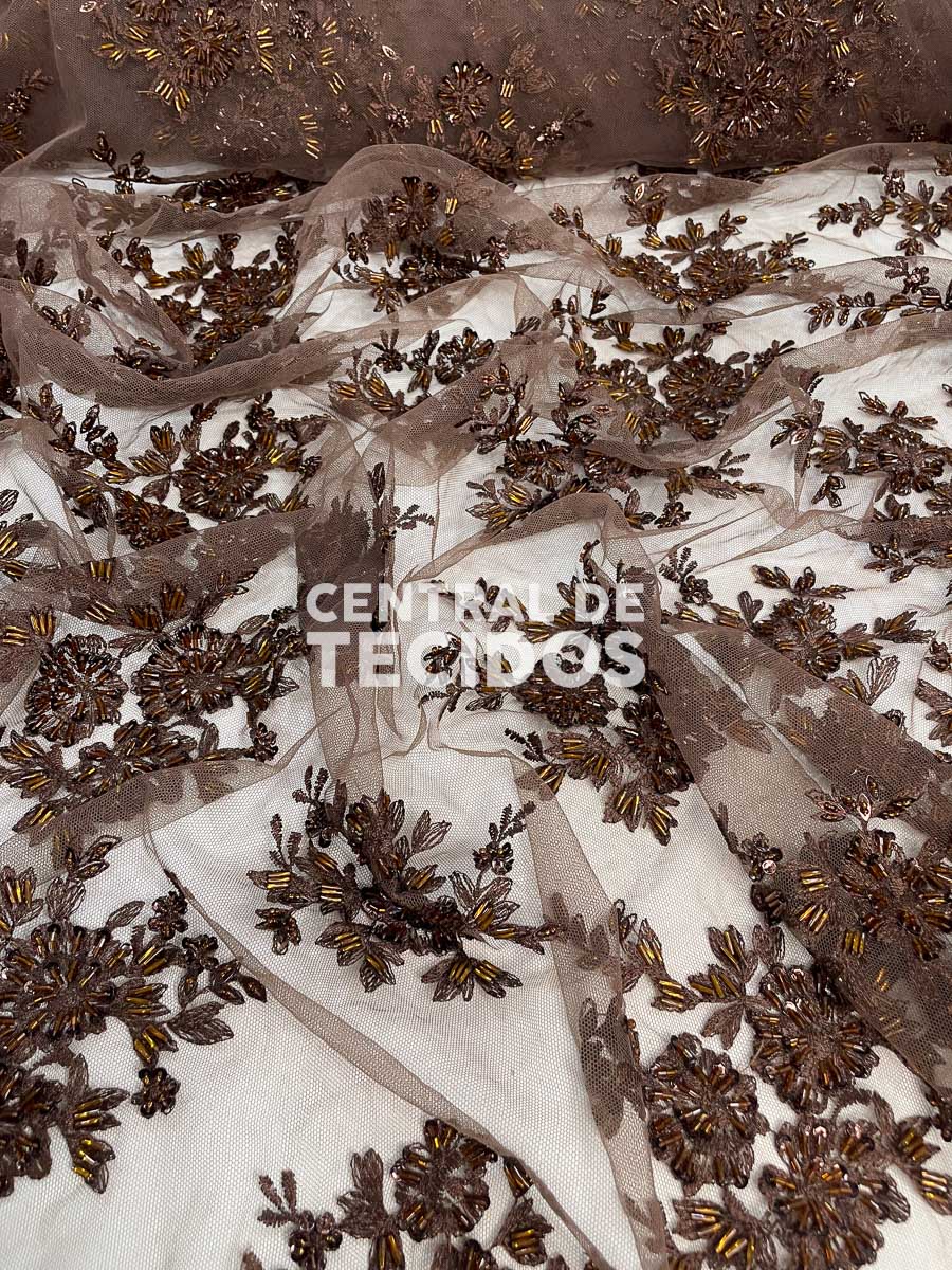 Tule Bordado Pedraria Marrom