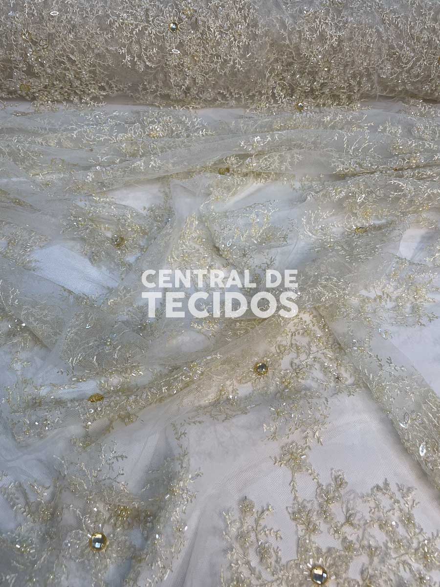 Tule Bordado Pedraria Off Wite
