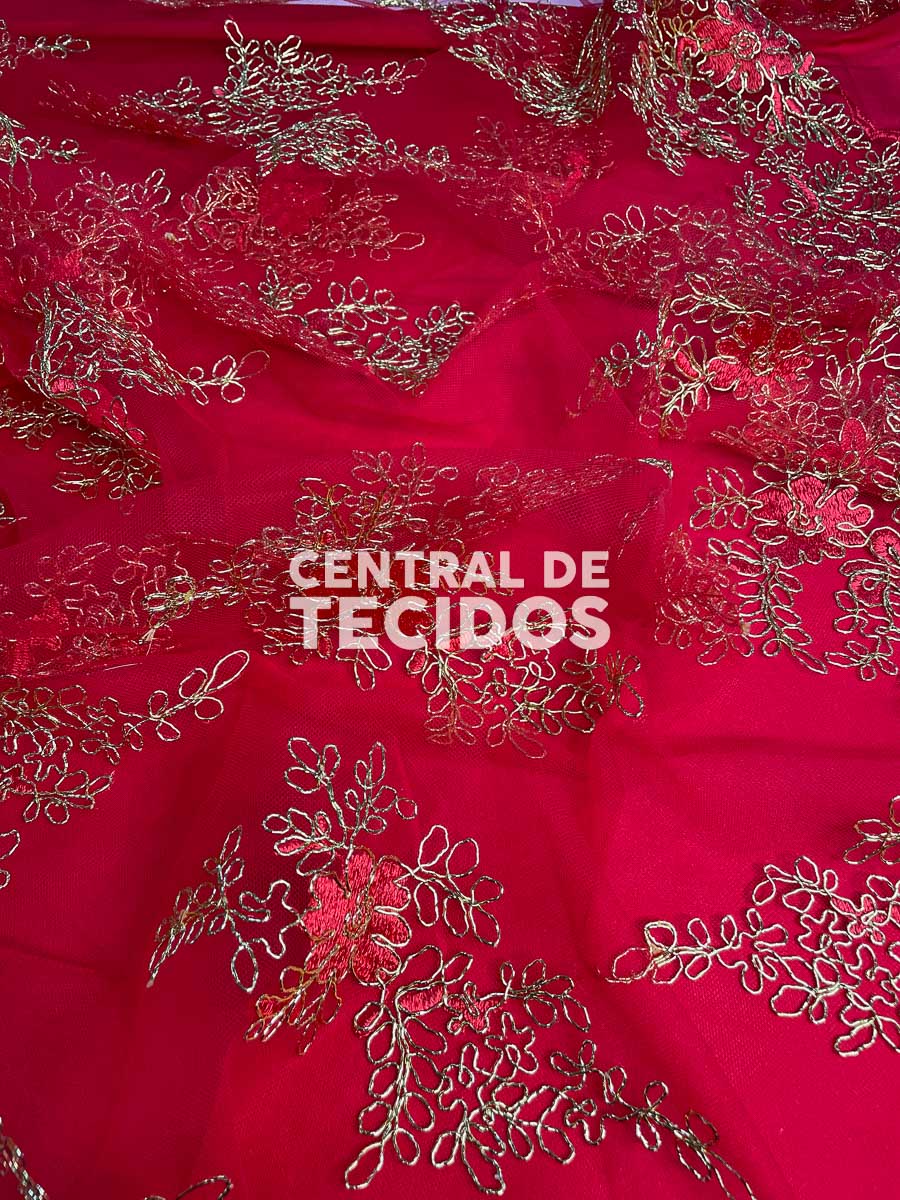 Tule Bordado Vermelho com Dourado