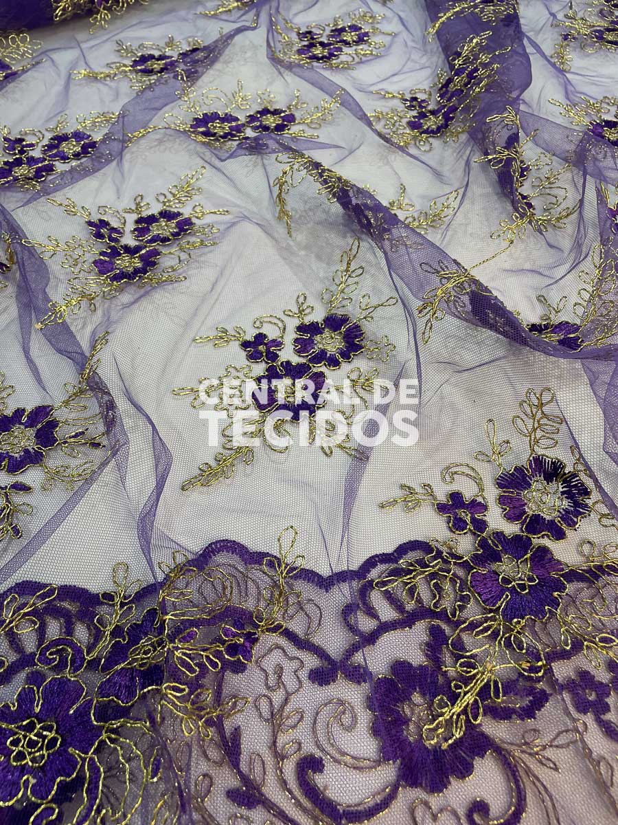 Tule Bordado Corda Metálica Roxo com Dourado