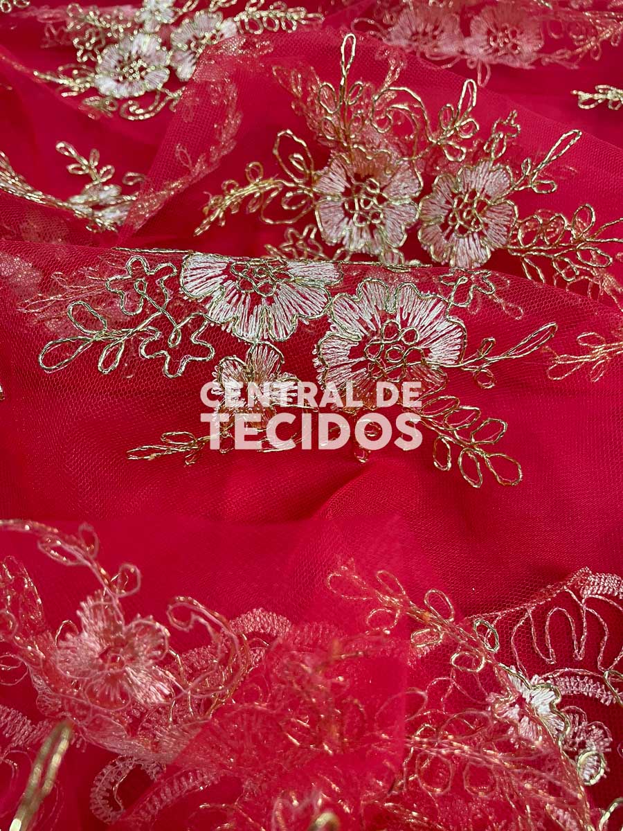 Tule Bordado Corda Metálica | Vermelho e Dourado