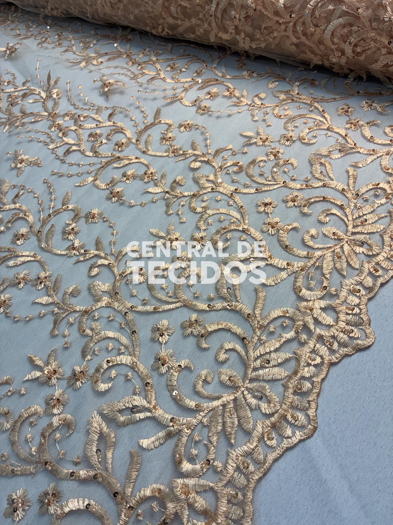 Tule Bordado Pedraria Arabesc Nude