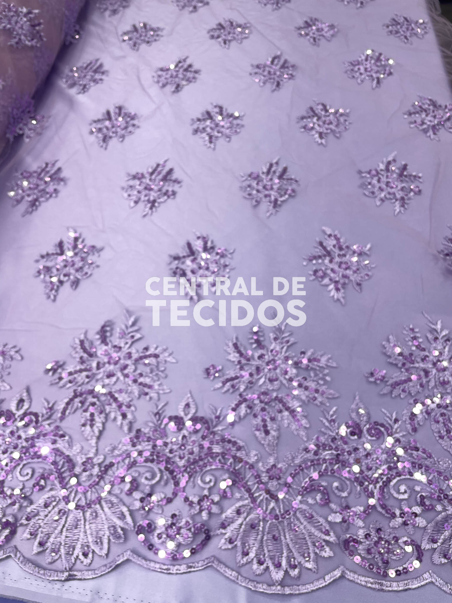 Tule Bordado Pedraria Lilás Lavanda