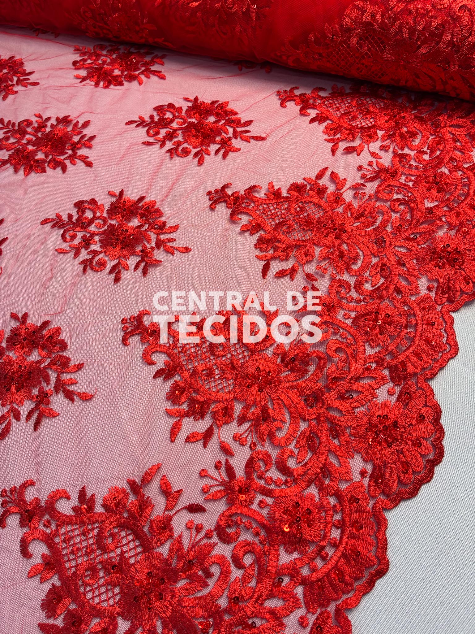 Tule Bordado Pedraria Vemelho
