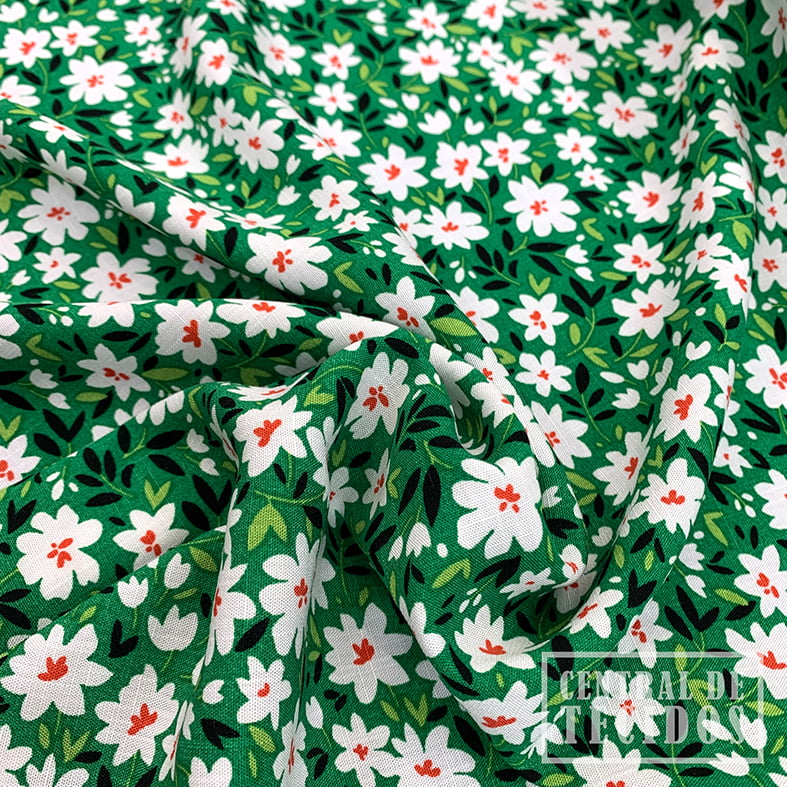 Popeline de Viscose Estampada | Verde Floral Branco